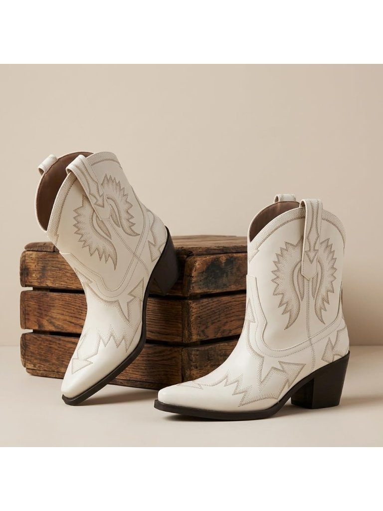 Women's White Metallic Embroidered Pointed Toe Cowgirl Boot Chunky Heel Pull-On